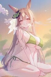 1girls animal_ears arched_back artist_request bangs beach bikini bikini_ribbon blush braided_hair breasts breath breath_cloud brown_eyes brown_hair clouds collarbone diamond_(shape) ear_ornament eyebrows_visible_through_hair female green_bikini hair_over_shoulder hands_between_legs hands_between_thighs horse_ears horse_girl horse_tail kneeling kneeling_female kneeling_on_ground large_breasts light_brown_hair looking_at_viewer palm_tree plump_breasts sand satono_diamond_(umamusume) smile smiling smiling_at_viewer solo sunset sweat sweatdrop swimwear thighs tied_bikini umamusume umamusume_pretty_derby wet
