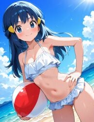 2025 4kids_entertainment ai_generated anime beach_background belly black_dot_eyes blue_eyebrows blue_eyes_female blue_hair_female dawn_(pokemon) deviantart elryusam female female_only hand_on_hip holding_beachball inviting_viewer looking_down_at_viewer nintendo pokemon smile_at_viewer smiling_at_viewer teenage_girl tummy wet_body wet_face wet_head white_bikini yellow_hairclip