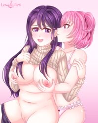 2girls areolae artist_name big_breasts bra breasts clothing doki_doki_literature_club duo female female_only groping hair hand_on_breast lewdlilies long_hair multiple_girls natsuki_(doki_doki_literature_club) nipples pink_eyes pink_hair purple_eyes purple_hair pussy sweater video_game watermark wholesome yuri yuri_(doki_doki_literature_club)