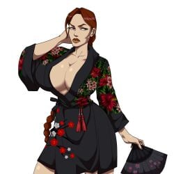 big_breasts breasts brown_eyes brown_hair cleavage female female_only flower_pattern hand_fan human human_only kimono lara_croft lara_croft_(classic) ponytail tomb_raider tomb_raider_(classic) yonooshi