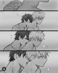 ! ... artist_request bakugou_katsuki blush blush_lines blushing flustered gay izuku_midoriya katsuki_bakugou licking licking_neck male/male male_only midoriya_izuku multiple_males my_hero_academia no_visible_genitalia text tongue yaoi