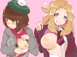 2girls areola blonde_hair blue_eyes blush bra bra_down breast_envy breast_size_difference breasts brown_eyes brown_hair clothed clothes confident embarrassed eye_contact eyebrows female female_only flashing game_freak gloria_(pokemon) hat heart human jacket large_breasts lass_(pokemon) lass_(pokemon_ss) licking_lips long_hair looking_at_viewer looking_away multiple_girls necktie nintendo nipples npc_trainer one_breast_out open_shirt pink_background pokemon pokemon_ss shirt short_hair shy simple_background smile sweater underwear