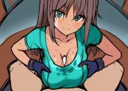 1boy alice_gear_aegis blush breast_squeeze breasts brown_hair censored closed_mouth clothed_paizuri clothing collarbone dark_skin female fisheye gloves green_eyes head_tilt horosuke_(toot08) kaneshiya_sitara large_breasts long_hair looking_at_viewer outercourse paizuri paizuri_under_clothes sidelocks sketch smile solo_focus sweat