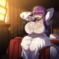 ai_generated arms_behind_head arms_up bangs bed blunt_bangs bra_visible_through_clothes breasts closed_eyes dress female female_only fern_(sousou_no_frieren) frieren huge_breasts indoors long_hair long_sleeves messy_hair mongrealai on_bed open_mouth patchouli_knowledge plump purple_hair see-through sidelocks sitting solo sousou_no_frieren sweat teeth thick_thighs thighs underwear wet wet_clothes white_dress window yawning
