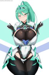 1girls armor bangs blush breasts bursting_breasts cleavage curvy elbow_gloves female female_only gem gloves green_eyes green_hair hair_ornament headpiece highres huge_breasts jewelry kainkout large_breasts long_hair looking_at_viewer nintendo pneuma_(xenoblade) ponytail pose simple_background smile solo spoilers swept_bangs thick_thighs thighhighs tiara very_long_hair white_background xenoblade_(series) xenoblade_chronicles_2