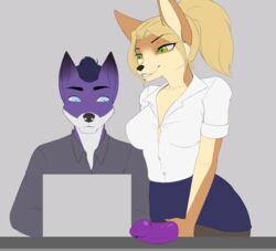 absurd_res anthro blonde_hair blue_eyes breasts canid canine clothing computer dildo duo female fennec fox fur green_eyes hair hi_res inside laptop legwear long_hair male mammal pantyhose purple_fur sex_toy shazzi shirt sitting skirt smile standing straight strap-on tan_fur