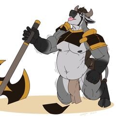 anthro armor axe balls barely_visible_balls barely_visible_genitalia belly big_belly bovid bovine bulge cattle clothing hi_res horn kenjin loincloth looking_at_viewer male male_only mammal melee_weapon muscular muscular_male smile solo tongue tongue_out weapon