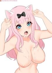 1girls 2d animal_ears arms_up artist_name blue_eyes blush bow breasts cat_ears cum cum_in_mouth cum_on_body cum_on_breasts cum_on_hair cum_on_upper_body eyebrows_visible_through_hair facial female female_only fujiwara_chika hairbow inverted_nipples jpeg kaguya-sama_wa_kokurasetai_~tensai-tachi_no_renai_zunousen~ kemonomimi_mode light-skinned_female light_skin long_hair nipples nsfw nude open_mouth pale-skinned_female pale_skin pink_hair pink_nipples shaved_pussy sidelocks simple_background solid_color_background solo tofuubear topless topless_female upper_teeth watermark white_background