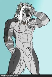 abs animal_genitalia anthro athletic balls biceps black_nose canid canine canis fur hair hi_res loboplateado long_hair looking_at_viewer male male_only mammal muscular nipples nude pecs pose sheath simple_background smile solo white_fur wolf zwolf