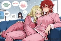 1futa 2girls ai_generated aizawa_tomo bangs black_hair blonde_hair blush breasts bulge carol_olston couch english_text enjoyerartai erection erection_under_clothes female futanari green_eyes gundou_misuzu hi_res intersex long_hair multiple_females multiple_girls red_eyes red_hair short_hair sitting speech_bubble tomo-chan_wa_onna_no_ko