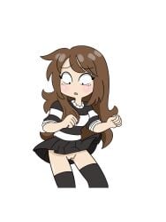 black_skirt brown_hair embarrassment emirichu long_hair no_panties pussy skirt surprised white_background youtube youtuber youtuber_girl