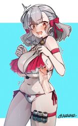 1girls arm_strap bare_shoulders bell bikini black_choker blue_background blush bow bow_bikini breasts choker commentary disembodied_penis drooling female female_focus frilled_bikini frills girls'_frontline girls'_frontline_2:_exilium grey_hair hairbow huge_breasts jingle_bell light-skinned_female light_skin looking_down male medium_hair navel neck_bell open_mouth penis pouch red_bikini red_bow red_eyes sabrina_(girls'_frontline_2) side-tie_bikini_bottom solo_focus spas-12_(girls'_frontline) stomach sweat swimsuit symbol-only_commentary teeth thigh_pouch thighs tilt-shift_(azalanz) twitter_username two-tone_background uncensored white_background