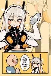 1boy 1girls 4_arms big_breasts blowjob blush breasts cum cum_on_face female hair_ornament heart long_hair looking_at_viewer lotion lunatheri maid_headdress male nipples open_mouth orion_(alterkyon) paizuri partially_clothed precum presenting smile sweat text white_hair yellow_eyes
