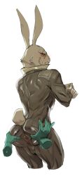 anthro anus ass backsack balls ballsack blush clothing concosive crossed_arms disembodied_hand embarrassed genitals hi_res lagomorph male mammal solo spread_butt spreading suit white_rabbit_(dmc)
