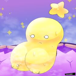 :( artist_upload ball_with_hyper_features big_nipples brown_shoes cute embarrassed eyelashes huge_nipples hyper_breasts mario_(series) mario_and_luigi_(series) musk musk_clouds naked naked_female nintendo nipple_piercing nipples public_indecency public_nudity purple_background shocked star star_(symbol) starlow sweat sweating uploaded_by_artist worried yellow_skin zona01