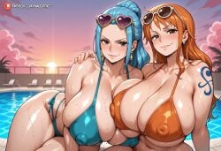 2girls ai_generated alternate_breast_size asymmetrical_docking bare_shoulders bikini blue_bikini blue_hair blush breast_press breasts brown_eyes cleavage closed_mouth cloud collarbone covered_nipples earrings eyewear_on_head female female_only hand_on_another's_shoulder heart huge_breasts jewelry long_hair looking_at_viewer majorthicc multiple_females multiple_girls nami nami_(one_piece) nefertari_vivi one_piece orange_hair outdoors patreon_username ponytail pool poolside shoulder_tattoo sky smile sunglasses swimsuit tattoo thighs water web_address wet