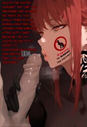 1boy 1boy1girl 1girls ai_generated caption chainsaw_man close-up erection face_tattoo femdom femdom_caption humiliation leaking_precum makima_(chainsaw_man) penis queen_of_spades red_hair teasing white_penis