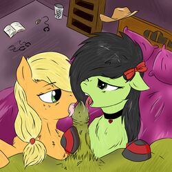 1boy 2girls applejack_(mlp) bedroom bedroom_eyes black_hair blonde_hair collaborative_fellatio emerald_blade(oc) fellatio female friendship_is_magic green_eyes green_storm(oc) hat licking multiple_girls my_little_pony oc original_character overknees penis penis_lick pony straight_hair teamwork