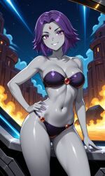 2025 ai_generated bikini_only black_dot_eyes black_eyebrows city_background dc dc_comics deviantart female_only fire_background forehead_jewel gray_body grey_skin grinning_at_viewer hand_on_hip hand_on_lap inviting_viewer jewel_on_bikini jewel_on_forehead looking_at_viewer monstercat112 open_mouth_smile purple_bikini purple_eyes_female purple_hair_female purple_lips purple_nails raven_(dc) red_jewel seducing_viewer seductive_body seductive_expression seductive_eyes seductive_female seductive_look seductive_mouth seductive_pose seductive_smile short_hair_female smile_at_viewer smiling_at_viewer teeth_showing teeth_visible
