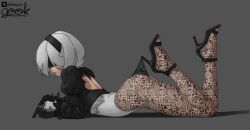 1girls 2d 2d_(artwork) blindfold female female_only hairband heels high_heels highres hooked_on_heel lace_pantyhose_hooked_on_heel_(meme) leotard light-skinned_female light_skin lobgook lying lying_on_stomach nier nier:_automata nier_(series) pantyhose short_hair simple_background white_hair yorha_2b