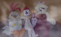 4girls anthro bad_anatomy bear bear_ears bear_girl bearly_burried canelitabunny chicken chicken_girl chubby chubby_anthro chubby_female dark_deception dark_deception:_chapter_4 dark_deception:_chapter_5 dark_star_(dark_deception) female females foot furry hot_water jacuzzi joy_joy_gang mama_bear_(dark_deception) mascot_mayhem no_sex nurse penny_the_chicken prision_panic reaper_nurse relaxed relaxing torment_therapy water