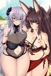 2girls akagi_(azur_lane) akagi_(paradise_amaryllis)_(azur_lane) animal_ears azur_lane big_breasts breast_squish breasts brown_hair cleavage clothing female female_only flower graf_zeppelin_(azur_lane) graf_zeppelin_(beachside_urd)_(azur_lane) grey_hair hair hair_flower hair_ornament iron_blood_(azur_lane) large_breasts light-skinned_female light_skin lindaroze long_hair multiple_girls red_eyes sakura_empire_(azur_lane)