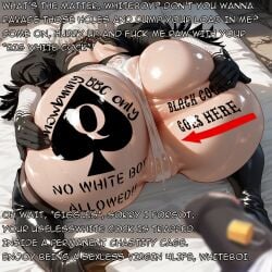 1boy 1boy1girl 1girls ai_generated android anus ass_focus ass_grab ass_tattoo big_breasts breasts caption chastity chastity_cage chastity_device femdom femdom_caption high_heel_boots high_heels humiliation large_breasts male_pov nier:_automata pov pov_male presenting presenting_hindquarters queen_of_spades robot robot_girl spread_ass tattoo thong yorha_2b