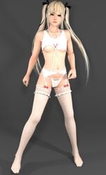 3d absurdres black_background blonde_hair blue_eyes breasts dead_or_alive dead_or_alive_5 female highres lingerie marie_rose photonlanccer simple_background small_breasts solo thighhighs thighs twintails underwear