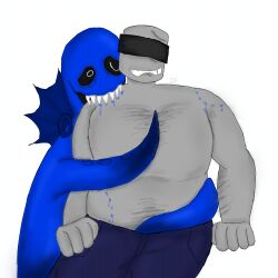 1monster 2boys 2male bar_over_eyes bite_mark bite_marks blue_body blue_imaginary_friend_(pressure) blue_skin expendable_(pressure) gay gray_body gray_skin grey_body grey_skin hand_in_pants kissing male no_shirt pants pressure_(roblox) roblox roblox_game sharp_teeth shoulder_bite tentacle_arms yaoi
