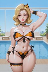 ai_generated bikini blonde_hair breasts butterfly_hair_ornament butterfly_print choker female large_breasts one_arm_behind_head poolside rgomez007 side_tie_panties stable_diffusion swimsuit thick_thighs thigh_strap