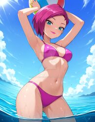 2025 ai_generated beach_background belly black_dot_eyes black_eyebrows blue_eyes_female deviantart deviantart_watermark elryusam female female_only holding_beachball human human_only inviting_viewer looking_down_at_viewer nickelodeon no_wings paramount_animation pink_bikini pink_hair_female pink_lips sea_background smile_at_viewer smiling_at_viewer tecna_(winx_club) tummy viacom watermark wet_body wet_head winx_club