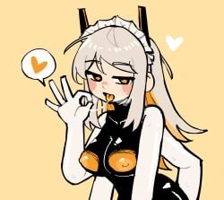 1girls 4_arms big_breasts blowjob_gesture blush breasts female gesture hair_ornament heart long_hair looking_at_viewer lunatheri maid_headdress nipples open_mouth orion_(alterkyon) partially_clothed presenting saliva smile solo standing sweat tongue_out white_hair yellow_eyes