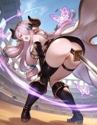 1girls ai_generated ass black_thighhighs female female_only granblue_fantasy hair_over_one_eye horns katana long_hair narmaya_(granblue_fantasy) object_in_ass object_insertion on_back one_thighhigh open_mouth pink_hair thick_thighs thighhighs thighs