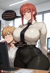 1boy ai_generated alternate_breast_size black_necktie black_pants blonde_hair braid braided_ponytail breasts chainsaw_man closed_mouth collared_shirt computer curvy denji_(chainsaw_man) desk english_text female high-waist_pants huge_breasts indoors large_breasts long_hair long_sleeves majorthicc makima_(chainsaw_man) male necktie office orange_eyes pants patreon_logo patreon_username red_hair ringed_eyes shirt shirt_tucked_in short_hair sidelocks smile speech_bubble straight thick_thighs thighs web_address white_shirt wide_hips yellow_eyes