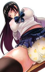 big_breasts big_nipples black_hair breasts diaper erect_nipples erect_nipples_under_clothes female nipples nipples_visible_through_clothing pink_nipples puffy_nipples see-through see-through_clothing smile thick_thighs thighhighs thighs tilted_head translucent_clothing upskirt