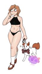 1boy 1girls 2d bikini blush blushing boobs breasts brown_hair collar dating_woof digital_drawing_(artwork) digital_media_(artwork) dog fanart female full_color hi_res humiliation leash light-skinned_female light_skin male male/female mammal medium_breasts naked naked_female tagme underwear variant_set