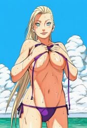 1girls accurate_art_style ai_generated beach big_breasts bikini bikini_bottom bikini_top bikini_top_removed blonde_female blonde_hair blue_eyes blush blush_lines breasts cameltoe covering covering_breasts covering_self curvy curvy_female curvy_figure eyelashes female from_below hair hair_down hair_ornament hair_over_one_eye ino_yamanaka light-skinned_female light_blue_eyes light_skin looking_at_viewer manga_style masashi_kishimoto_style midriff naruto naruto:_the_last naruto_(series) naruto_shippuden navel ocean outdoors paipan pale-skinned_female pale_skin pinup purple_bikini pussy sea seaside swimsuit thick_thighs thigh_gap thighs toned toned_female topless topless_female underboob untied_bikini unworn_bikini_top very_long_hair wet wet_body wet_hair white_skin ㅇㅇ