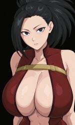 1girls ai_generated big_breasts black_background breasts breasts_bigger_than_head busty cleavage clothed clothed_female clothing eye_contact female huge_breasts looking_at_viewer mature_female momo_yaoyorozu my_hero_academia revealing_clothes sleen voluptuous voluptuous_female yaoyorozu_momo