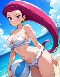2025 4kids_entertainment ai_generated anime beach_background belly deviantart elryusam female female_only green_earrings grinning_at_viewer holding_beachball inviting_viewer jessie_(pokemon) long_hair_female looking_down_at_viewer nintendo pink_eyebrows pink_hair_female pokemon purple_eyes_female smile_at_viewer smiling_at_viewer team_rocket tummy white_bikini