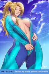 1girls 2019 belly belly_button blonde blonde_hair blonde_hair_female blue_bodysuit blue_eyes bodysuit breasts clothing cloud clouds curvy eyebrows_visible_through_hair female female_only hair hand_on_thigh hand_on_zipper inner_sideboob latex latex_suit lips long_hair looking_at_viewer metroid mwood navel nintendo nipple_slip no_bra outdoor outdoors outside patreon pink_lips ponytail samus_aran signature sky solo solo_female standing standing_up stripping tight_clothing undressing undressing_self unzipped unzipped_bodysuit unzipping video_games zero_suit zero_suit_samus