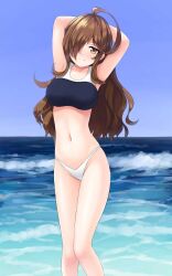 antenna_hair aposine beach belly_button big_breasts bikini bikini_top brown_hair collarbone eyebrows_visible_through_hair female female_only golden_eyes hair_over_one_eye hand_behind_head hips hourglass_figure kono_subarashii_sekai_ni_shukufuku_wo! light_blush long_hair looking_at_viewer messy_hair navel ocean seductive seductive_smile sky white_bikini_bottom wiz_(konosuba)