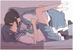 2girls anklehighs arm_grab black_socks blue_eyes blue_hair blush brown_hair closed_eyes color couch couch_sex ear_blush fingering_partner french_kiss french_kissing hand_under_skirt hibike!_euphonium implied_fingering kasaki_nozomi kissing kitauji_high_school_uniform kneeling legs_around_partner legs_up lighting liz_to_aoi_tori long_hair looking_at_partner lying lying_on_back ponytail romantic sawara65 school_uniform short_sleeves sweat tied_hair white_border white_socks yoroizuka_mizore yuri