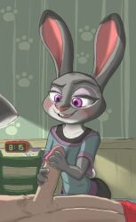 absurd_res anthro balls bed bedroom_eyes blush clock clothing desk disney female furniture genitals handjob hi_res human human_on_anthro inside judy_hopps lagomorph lamp leporid male male/female male_human/female_anthro male_on_anthro mammal narrowed_eyes nickofthebra night partial_male penile penis rabbit seductive sex smile solo_focus table zootopia