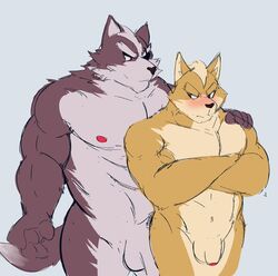 abs anthro balls blush canid canine canis duo eye_patch eyewear foreskin fox fur furry furry_only gay male male_only mammal muscular muscular_male nintendo nipples penis radcanine star_fox video_games wolf wolf_o'donnell yaoi