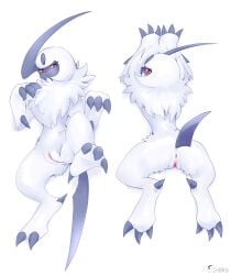 absol absurd_res anus ass blush ds_h0rn female feral generation_3_pokemon genitals hi_res lying nintendo on_back on_front pokemon pokemon_(species) presenting presenting_anus presenting_hindquarters presenting_pussy pussy solo stretching