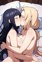 2girls age_difference ai_generated ass bed bed_sheet big_breasts breasts breasts_against_breasts breasts_on_breasts busty completely_nude curvy dat_ass embrace female female_only hugging hyuuga_hinata kissing naruto naruto:_the_last naruto_(series) nude older_female on_side romantic sakuralookalike soft_breasts symmetrical_docking tsunade younger_female