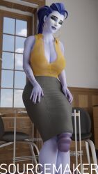 3d clothed clothing futa_only futanari gigantic_penis hidden_penis huge_cock long_penis mostly_clothed overwatch overwatch_2 pencil_skirt skirt solo sourcemaker widowmaker