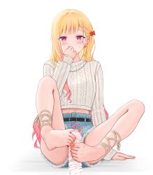 2_(tsvf3235) anklet barefoot belt belt_buckle blonde_hair blush buckle censored colorful_festival_(project_sekai) covering_own_mouth crop_top cropped_sweater denim denim_shorts feet female footjob gradient_hair highres jewelry long_hair long_sleeves multicolored_hair nail_polish official_alternate_costume official_alternate_hair_length official_alternate_hairstyle pink_eyes pink_hair project_sekai shorts sweatdrop tenma_saki two-footed_footjob white_background