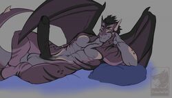 anthro balls big_balls big_penis black_hair black_penis blood_infestation dragon erection hair kasama lying magenta_scales male male_only muscular muscular_male nipples on_side pecs penis purple_scales scales solo watermark wings