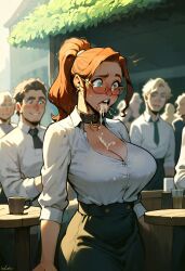 ai_generated aroused auburn_hair blush clothing collar cum_in_mouth embarrassed large_breasts public public_humiliation red_hair shocked_expression suprise_cumshot time_stop unexpected_cumshot unexplained_cumshot unwanted_cumshot white_shirt